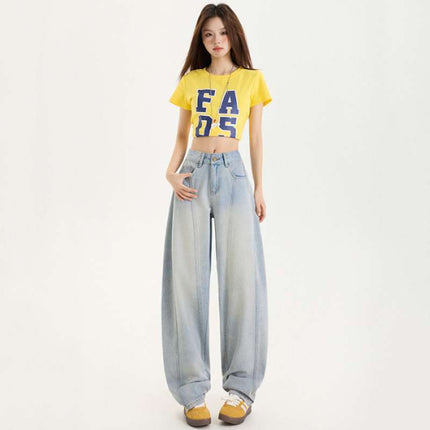 Wholesale Dropshipping Popular American Retro Side Seam High-Rise Design Loose Slimming Versatile Fashion Floor-Length Jeans for Women