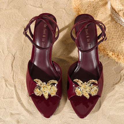 Simple and Fashionable One-Line Summer New Metal Flower Sexy Open-Toe Women's Stiletto High-Heeled Casual Sandals