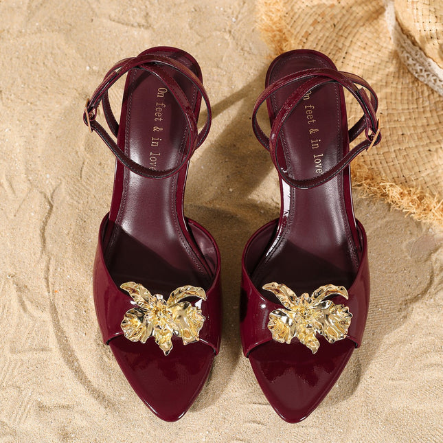Simple and Fashionable One-Line Summer New Metal Flower Sexy Open-Toe Women's Stiletto High-Heeled Casual Sandals