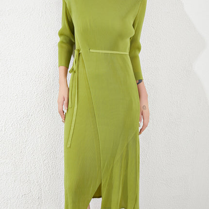 Miyake High-End Dress Long-Sleeved French Garden Collar Pleated Slit Lace-Up Slim One-Piece Dress for Women
