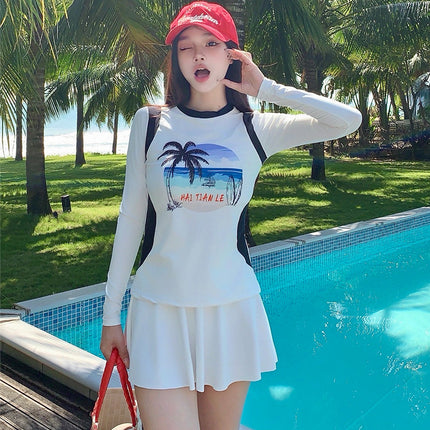 Two-Piece Long-Sleeve Swimwear for Women, Sun-Protective, Slimming, Tummy-Covering, Vacation Diving Suit, Quick-Dry Surfing and Snorkeling Rash Guard