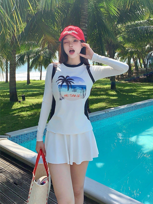Two-Piece Long-Sleeve Swimwear for Women, Sun-Protective, Slimming, Tummy-Covering, Vacation Diving Suit, Quick-Dry Surfing and Snorkeling Rash Guard