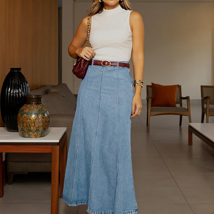Guangzhou Xintang Tiktok Pop In-Stock Dropshipping Plus-Size Denim Skirt for Women, Low-Stretch High-Waisted Long Skirt