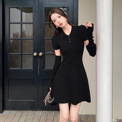 Foreign Trade Women's Clothing Real Shot New Year Red Knitted Slim Fit dress Women's Autumn and Winter Removable Sleeve Short Skirt Small Body
