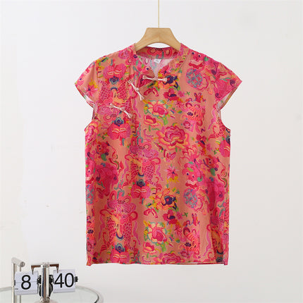 Chinese-Style Button Cotton Silk T-Shirt for Women, Summer Thin Large-Size Rayon V-Neck Pullover Printed Top, National Trend