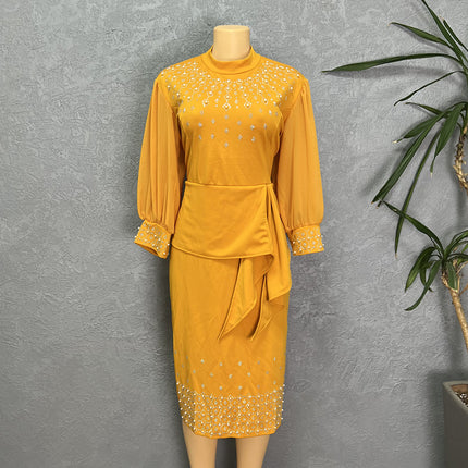 Cross-border supply of African women's waist bag hip fake two lantern sleeve sleeve dress hot drilling nail beads high-end