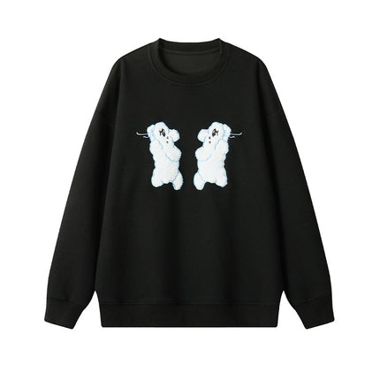 2025 Autumn New Men's Sweatshirt Hong Kong Style Dog Embroidery Cotton Oversized Sweatshirt Men's Loose Long Sleeve Top