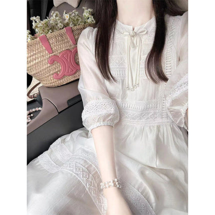 New Women's Dopamine Chiffon Bubble Sleeve White First Love Western Style Lace Court French Super Fairy Over-the-Knee dress