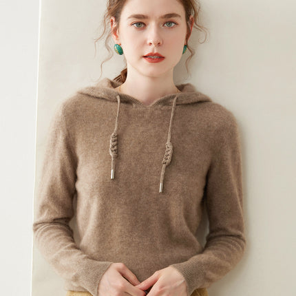 Light Luxury Solid Color 100% Pure Cashmere Hoodie for Women, Versatile for Commuting, Loose Knit Base Hoodie, Loose Fit