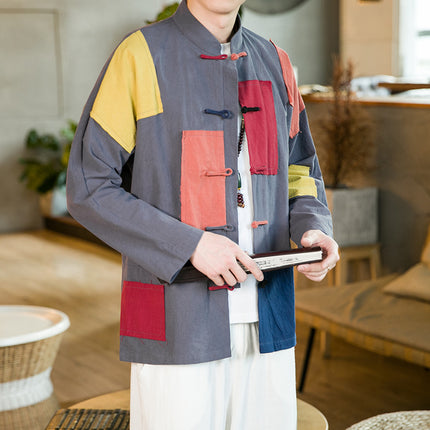 Cotton and Linen Spring 2022 Chinese Style Men's Clothing Stitching Vertical Collar Button Retro National Fashion Tang Suit Hanfu Jacket Coat