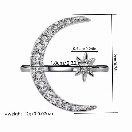 Korean and Japanese New Style High-End Cross-Border Favorite Micro-Inlaid Zircon Five-Pointed Star Moon Ring for Women, Elegant Open Ring Jewelry