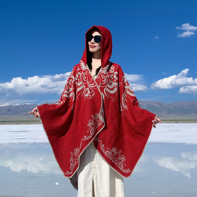 Xinjiang, Xizang, Inner Mongolia Travel Wear Red Shawl Large Cloak Scarf Ethnic Style Outer Warm Cloak for Women