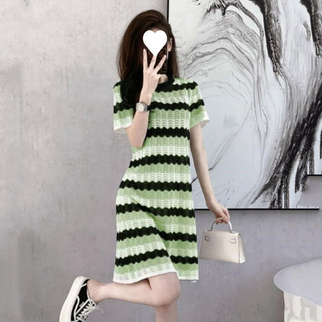 Summer New Style Small Fragrance Casual Temperament High-End Green Dress Women's Summer Gentle Ice Silk Skirt…