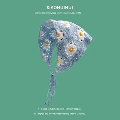Hot Girl Internet Celebrant Photo Flower French Style Triangle Scarf Headscarf Women's Cute Knitted Hair Band Silk Scarf High-grade Headwear Summer