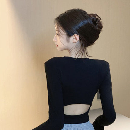 Trendy Spicy Girl Backless Long-Sleeve T-Shirt with Hollow Design for Women, Autumn Inner Wear Crop Top