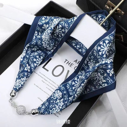 2026 New Magnetic Buckle Small Silk Scarf with Geometric Patterns and Rhinestones, Magnetic Necklace Scarf, Women's Hairband Scarf
