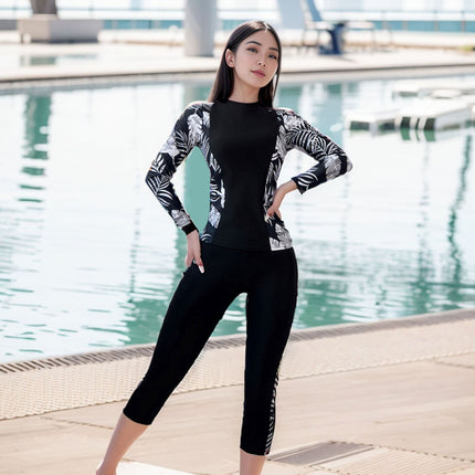Swimsuit Women's Conservative Split Cropped Pants Large Size Swimming Hot Spring Quick-drying Long-sleeved Swimsuit Women's Sun Protection and Belly Covering Swimsuit
