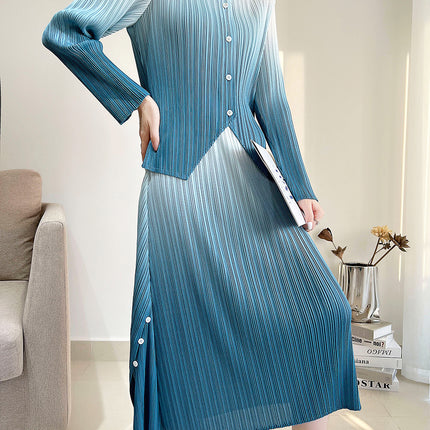 Miyake Pleated Women's Clothing with a Complete Set of Clothes, Feminine Gradient Jacket, Pleated Skirt Two-Piece Set