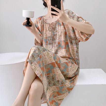 Mishiti Cotton Silk New Chinese Style Short-Sleeved Nightgown for Women, Summer Thin Style, National Style Cotton Silk Home Wear, Can Be Worn Outside