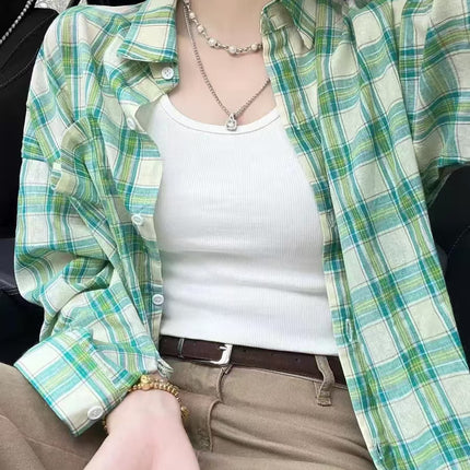 Foreign Trade Direct Sales Green Plaid Shirt Jacket for Women, Spring, Autumn, and Summer Thin Long-Sleeved Shirt, Mid-Length Top, Casual Jacket