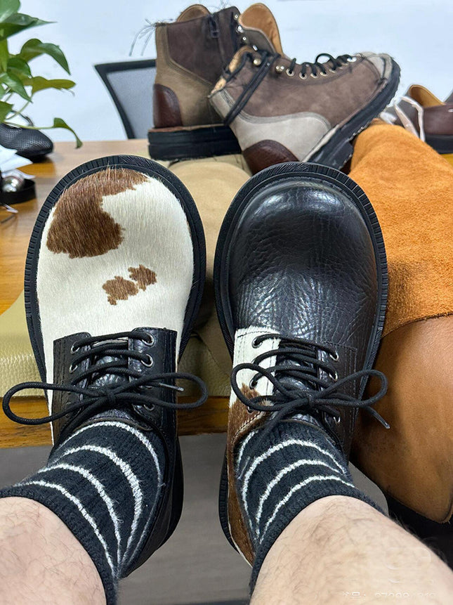 Horse hair derby shoes men and women with milk mandarin duck small leather shoes lace-up thick heel thick-soled soft leather shoes casual shoes tide