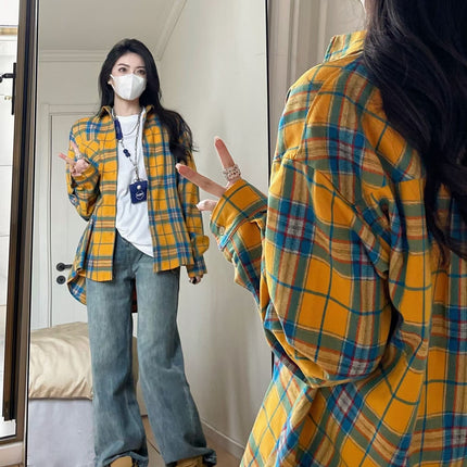 2024 Spring and Autumn Amazon OZON Cross-border Retro Style All-match Loose Shirt * Fashion All-match Plaid Shirt Women