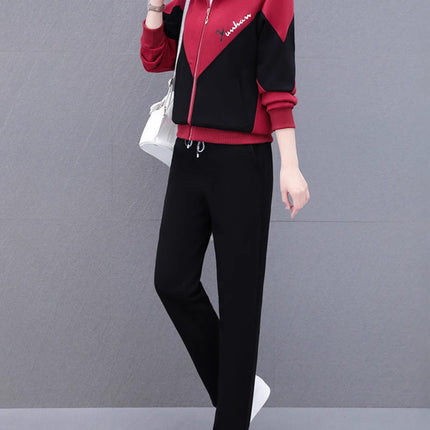 High Cotton Color-Block Two-Piece Fashion Casual Sports Suit for Women, Spring and Autumn, Middle-Aged Mom, Stand Collar Cardigan and Color-Block Sweatpants