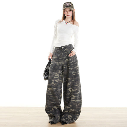 American-Style Camouflage High-Waisted Cargo Knife Pants for Women, Loose and Slimming, New Autumn and Winter Drapey Floor-Length Wide-Leg Casual Pants for Women