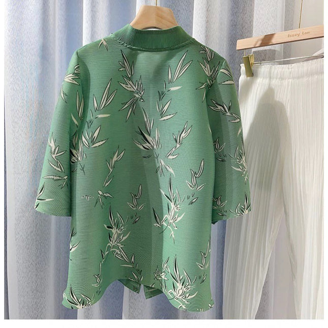 Chenghuan Ji Liu Wanyu's Mother's Same Style Green Bamboo Printed Shirt New Chinese Style Top National Style Pan Mouth Jacket