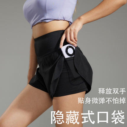 Hot Selling Fitness Yoga Sports Loose Double-Layer Anti-Light Quick-Drying Shorts with Unique Design on the Back Zipper Pockets