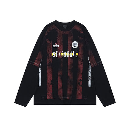 # Ovdy Autumn and Winter American Jersey Retro Print Long-Sleeve T-Shirt Hand-Brushed Silk Screen Print Trendy Brand Top