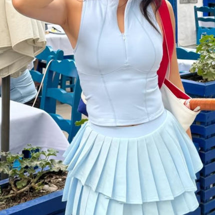 Summer New Women's Elastic Double-Layer Pleated Skirt Sports Tennis Suit with Chest Pad Anti-Exposure Badminton Skirt