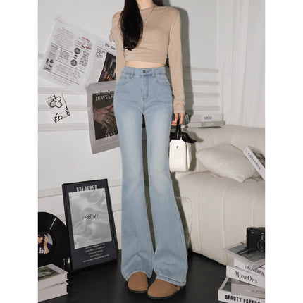 Petite Washed Light-Colored High-Waisted Flared Jeans for Women 2025 Spring New Slim Fit Bootcut Pants