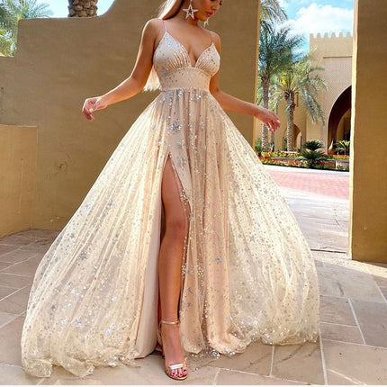 2025 Amazon Style Suspender Waist Slit Sparkling Floor-Length Long Skirt Dress Women's Dress Style