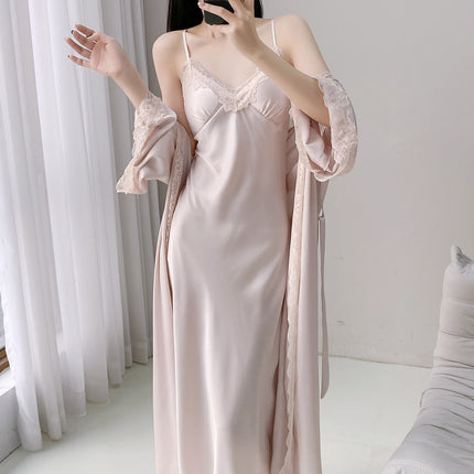 High-End Home Wear Pajamas with Breast Pads, Suspender Nightgown, Women's Spring, Autumn and Summer Ice Silk Long-Sleeved Nightgown, Extra Long Bathrobe