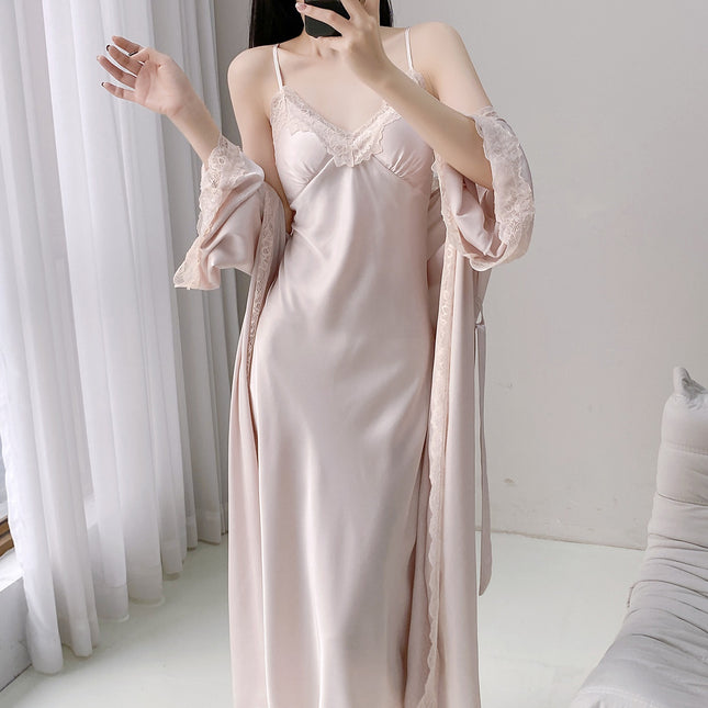 High-End Home Wear Pajamas with Breast Pads, Suspender Nightgown, Women's Spring, Autumn and Summer Ice Silk Long-Sleeved Nightgown, Extra Long Bathrobe