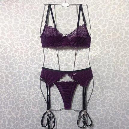 European and American cross-border new sexy underwear fashion women's lace ribbon steel ring leg strap bra suit four-piece set