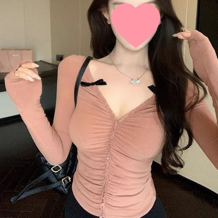 2025 Spring New Style Women's Pure Desire Collar Base Shirt with Pleated Design, Slim Fit, Brushed Fabric, Warm Top