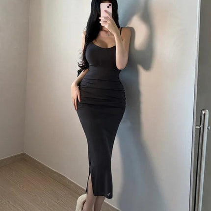 South Korea Dongdaemun Spring and Summer New Elegant Slim-fit Figure Split Hip Tight Mid-length Sling dress