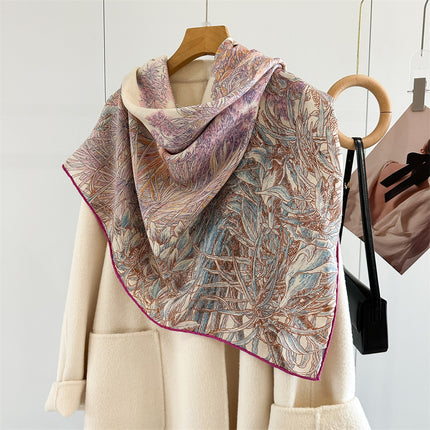 High-End Silk Wool Scarf for Women, Botanical Garden, Elegant and Warm Silk Wool Large Square Scarf, Air-Conditioned Room Warm Large Shawl