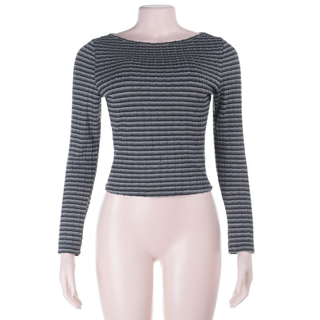 Amazon's Best Selling Autumn and Winter Women's Striped Long-Sleeved Round Neck Navel-Baring Casual and Comfortable Street Sexy Slim Tops for Women