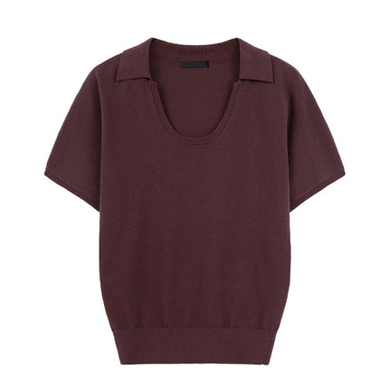 Summer 2025 Ins Women's Clothing Solid Color Po-Collar Pullover Short-Sleeved Knitted Sweater Fashionable Smart Commuter Slimming