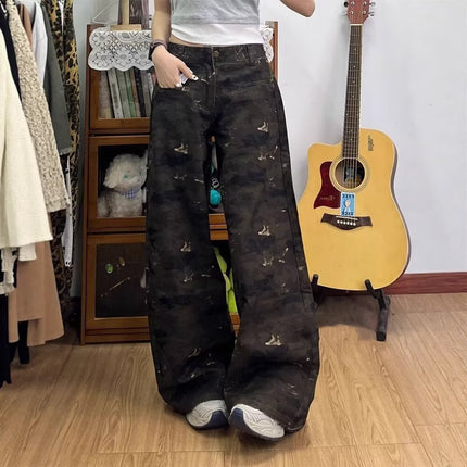 American High Street Retro Camouflage Wide-Leg Jeans for Women, Trendy High-Waisted Loose Slimming Petite Floor-Length Straight Pants