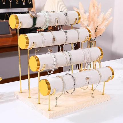 Jewelry Display Stand Golden Solid Wood Three-Layer Watch Bracelet Bracelet Rack Counter Jewelry Props Storage