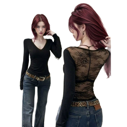Cross-border foreign trade perspective backless hollow lace v-neck long sleeve slim T-shirt women's top spring pure sexy hot girl
