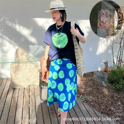Pure Cotton ~ Spring and Summer New Niche Design Holiday Style A-Line High-Waist Slim Cotton Apple Print Skirt for Women