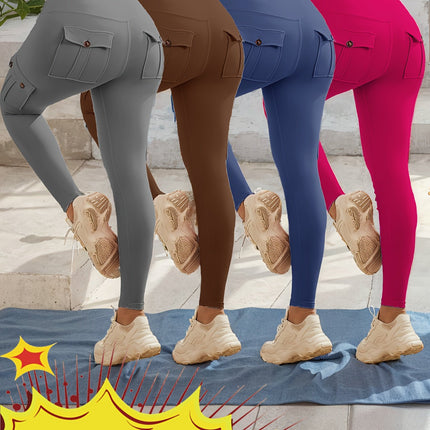 4Pcs High Waist Yoga Leggings with 4 Button Pockets,