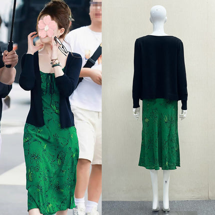 2025 Spring Zhao Lusi Celebrity Style Printed Camisole Dress Early Autumn Elegant Dress Cardigan Set