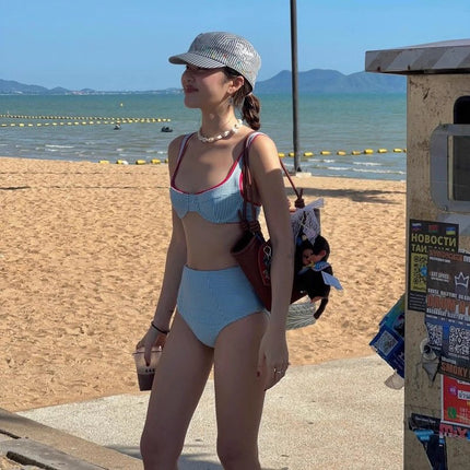 Women's Two-Piece Bikini Swimsuit with Pure Desire Stripes for Hot Springs, High-Waisted Korean Ins Style, Small Chest High-Waisted Swimsuit for Women