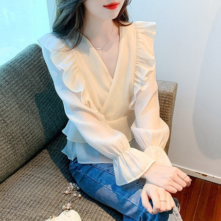 2025 Early Spring Super Fairy Ruffled Chiffon Shirt Foreign Style Age-reducing Light Mature Goddess Fan Long Sleeve V-neck Shirt for Women